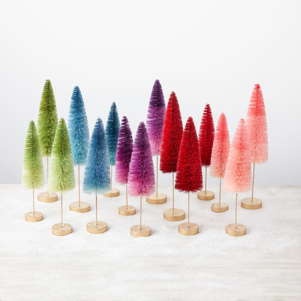 Hand-dyed bottle brush trees in green, blue, purple, red and pink.  Three sizes of each color shown.