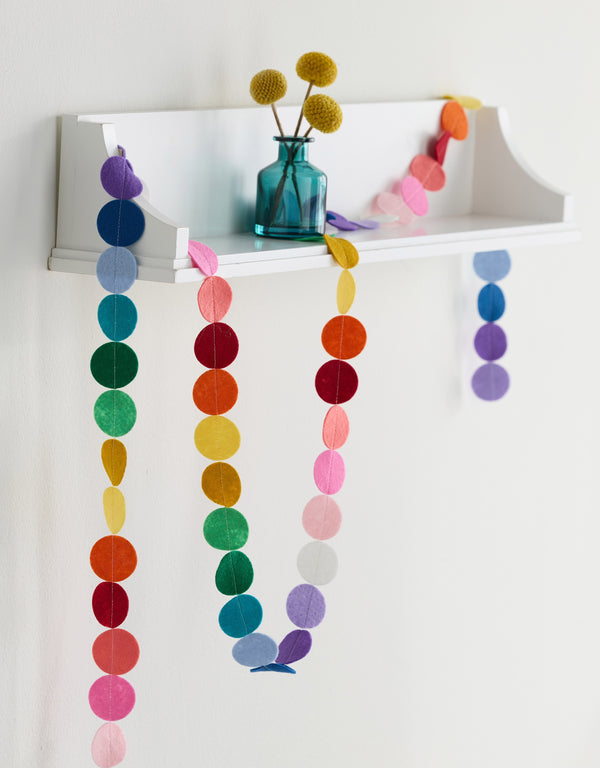 6 Ft Rainbow Felt Garland with 60 Colorful Rainbow Themed 1.25 inch Flat Felt Circles, Drape or Hang from Mantel, Staircase, Doorway or Archway, Birthday Party, Easter, Spring Home Décor
