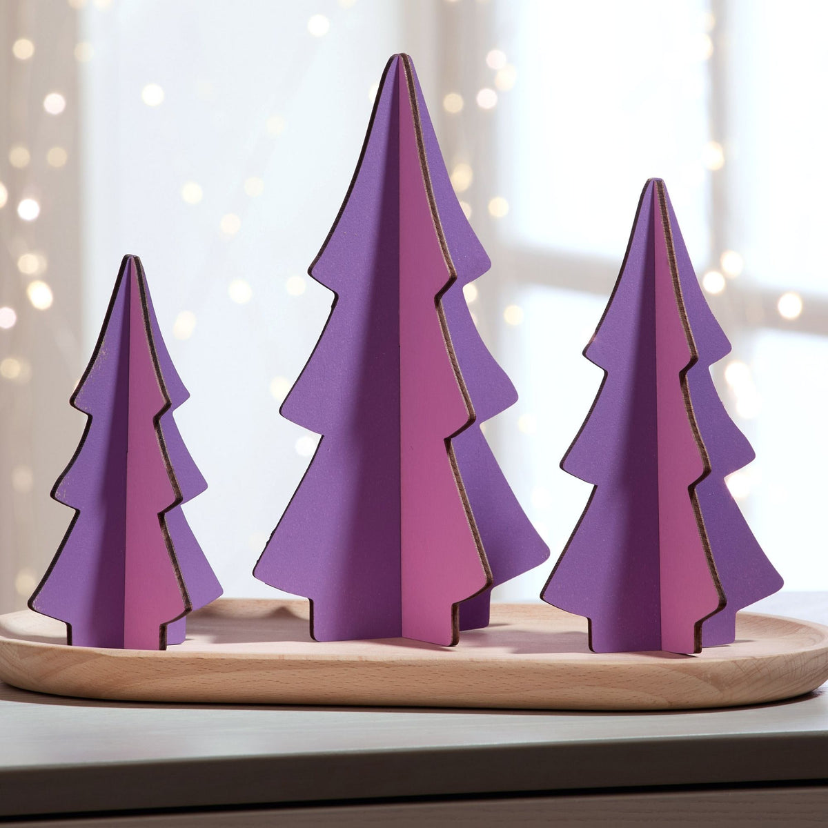 Set of 3 Orchid trees curated colors wood interlocking design, winter ...