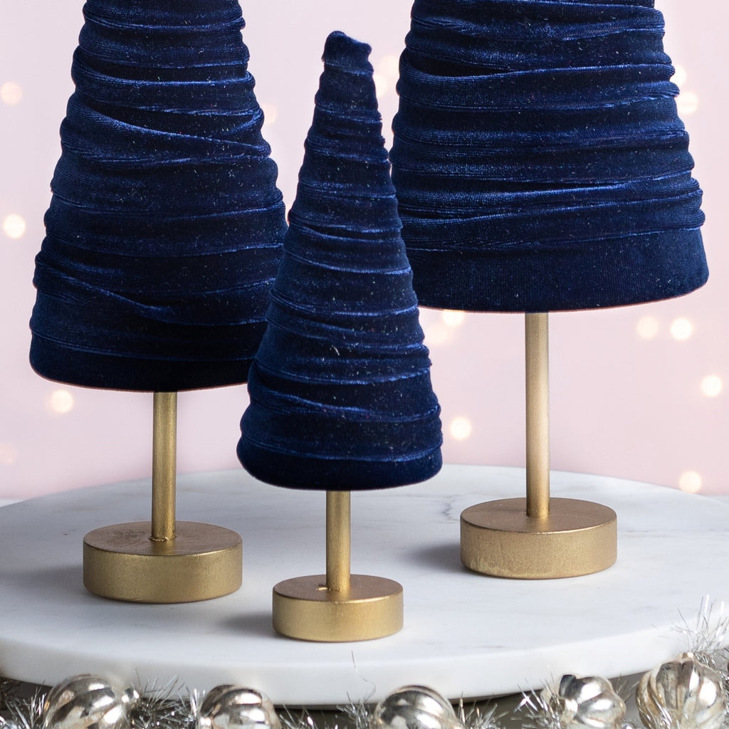 Velvet Trees- Set of 3 Navy Pedestal, Minimalist Mantel Décor, Wedding ...