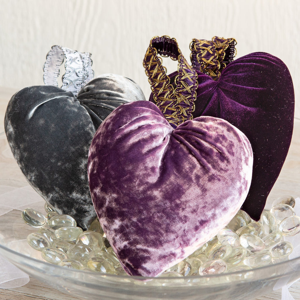 from daughter, lilac velvet, velvet heart, door knob hanger, plum velvet, heart bowl fillers, heart centerpieces
