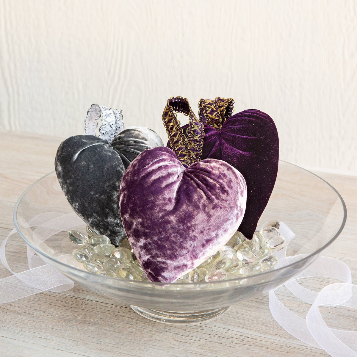 Handmade Velvet Hearts - Set of 3 in Luxe Lilac, Platinum and Plum
