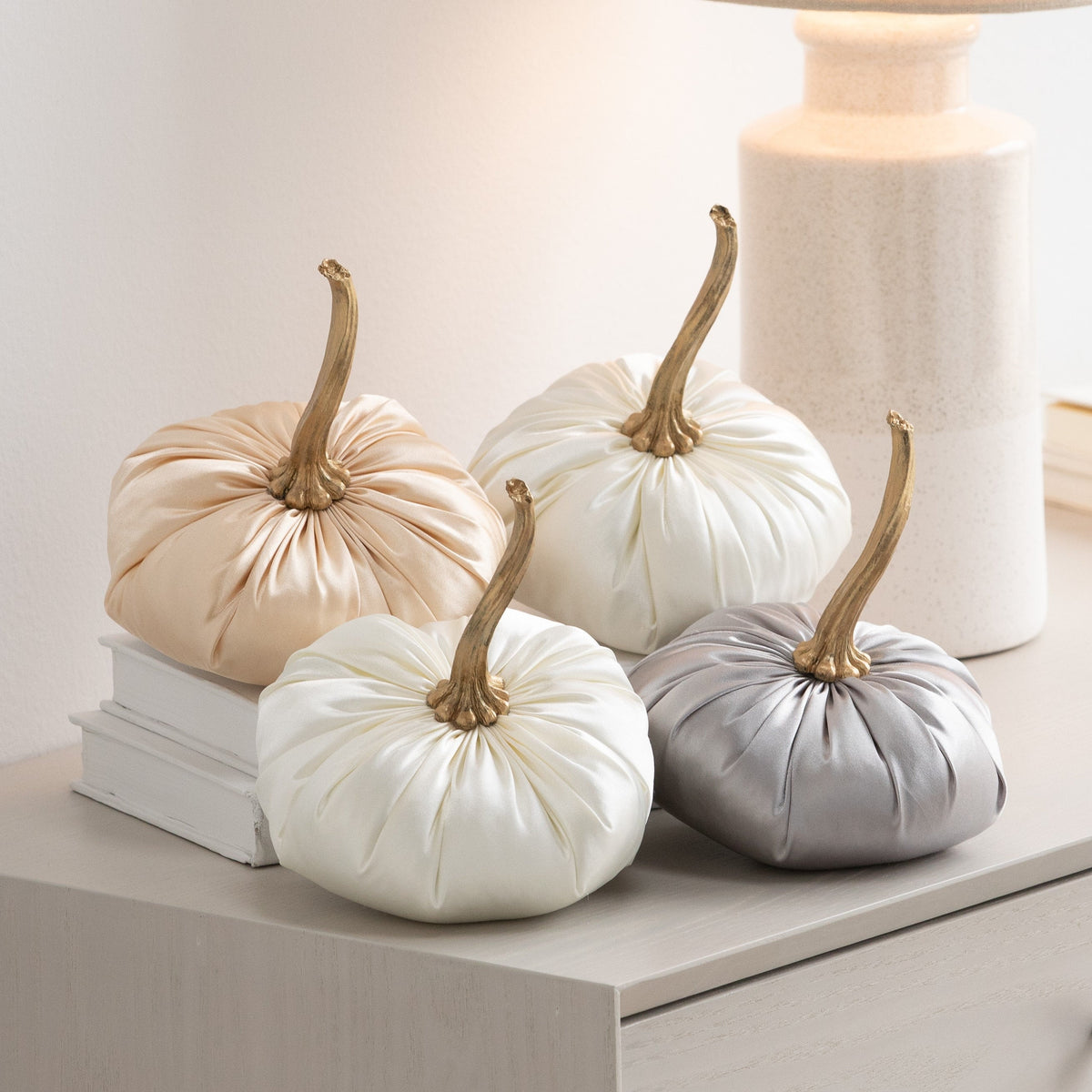 Small Satin Pumpkins set of 4, tiered tray home decor, pearl silver ac ...